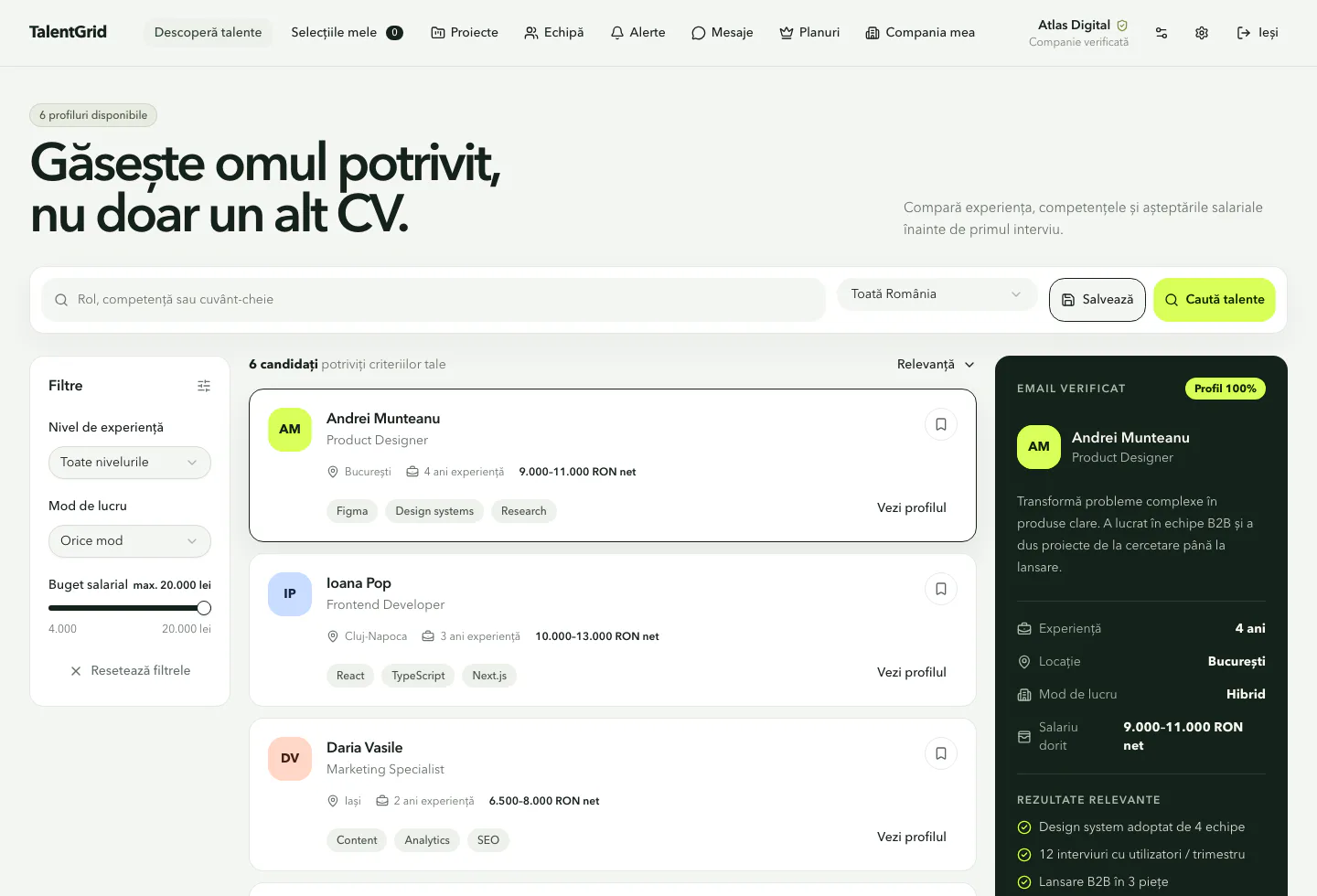 Interfața reală TalentGrid pentru căutarea și filtrarea profilurilor de candidați