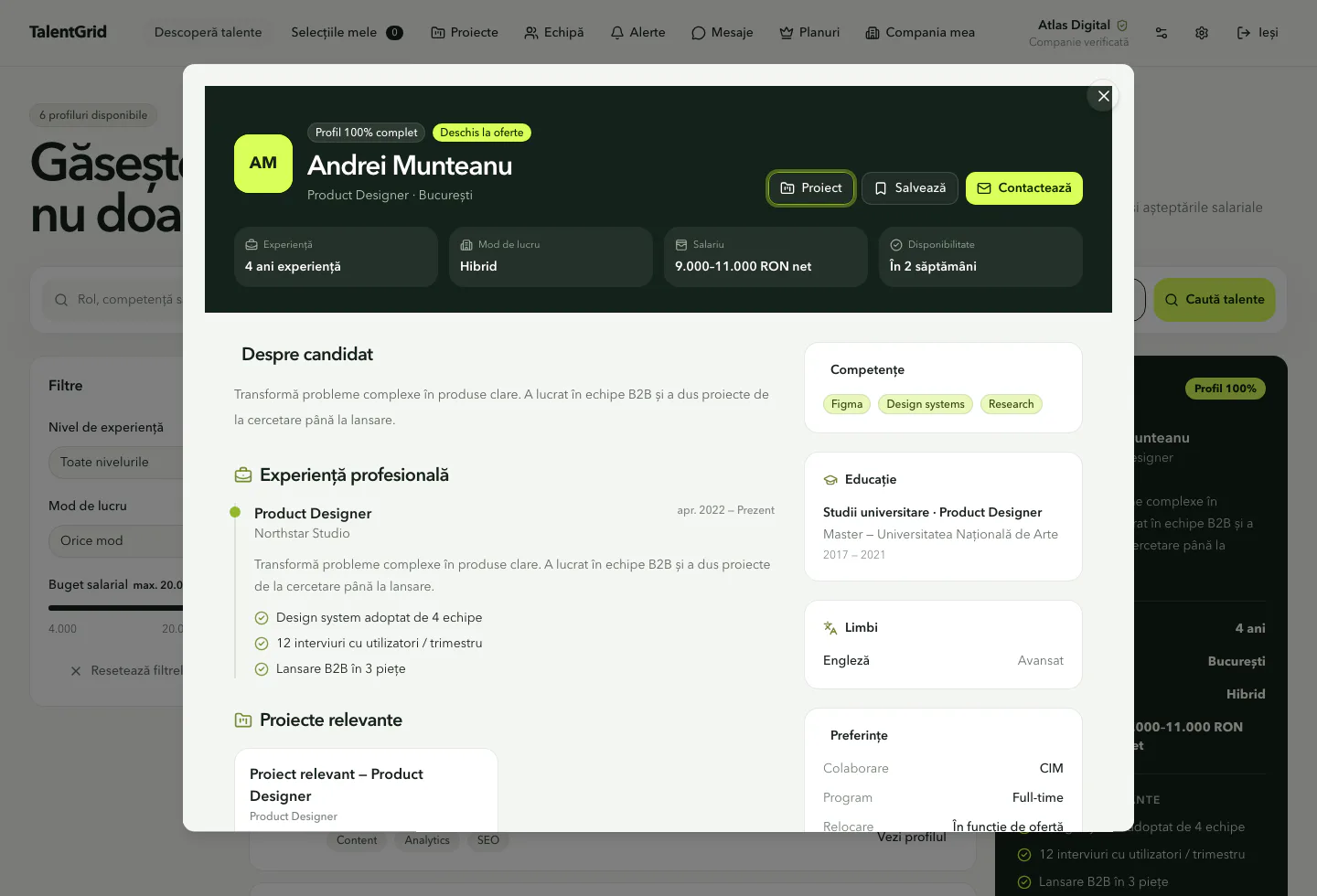 Profil detaliat de candidat în TalentGrid, cu experiență, competențe și preferințe