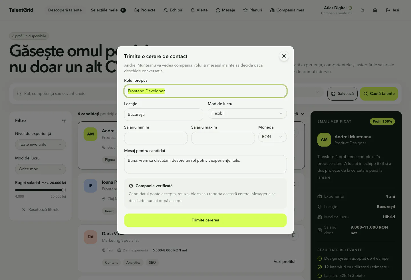 Cerere de contact TalentGrid cu rol, locație, mod de lucru, salariu și mesaj